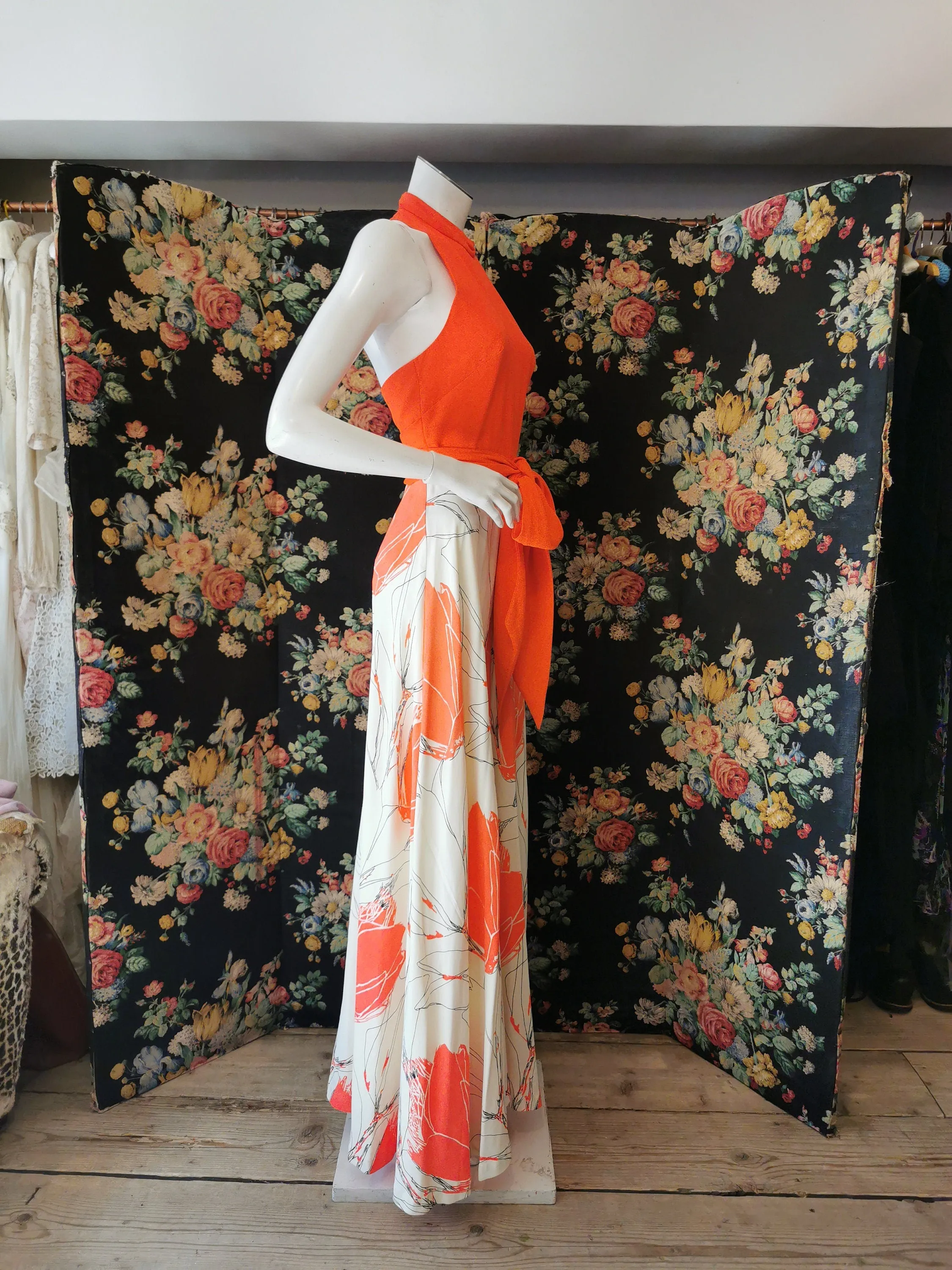 1970's orange floral printed one peice halter jumpsuit