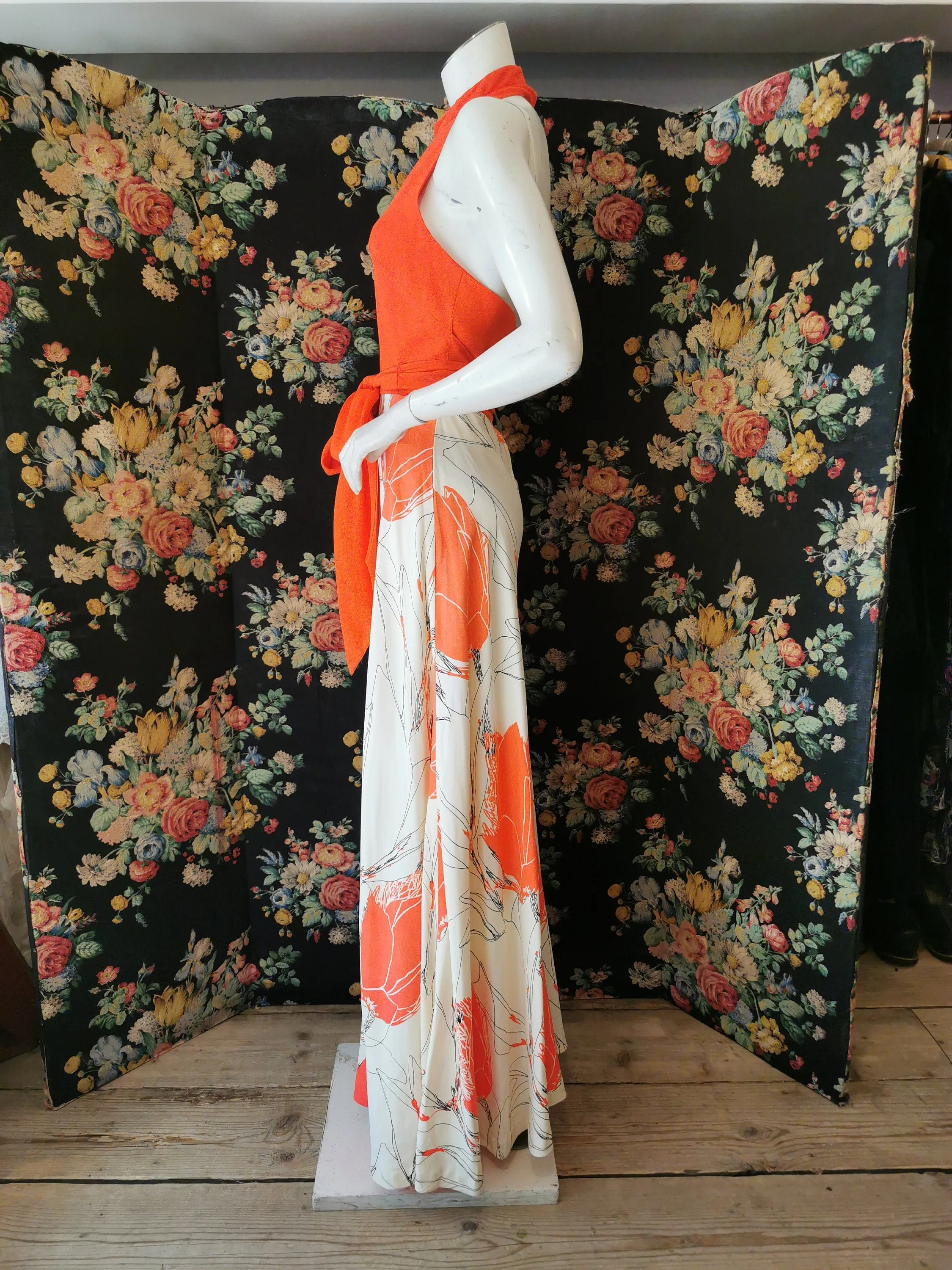 1970's orange floral printed one peice halter jumpsuit