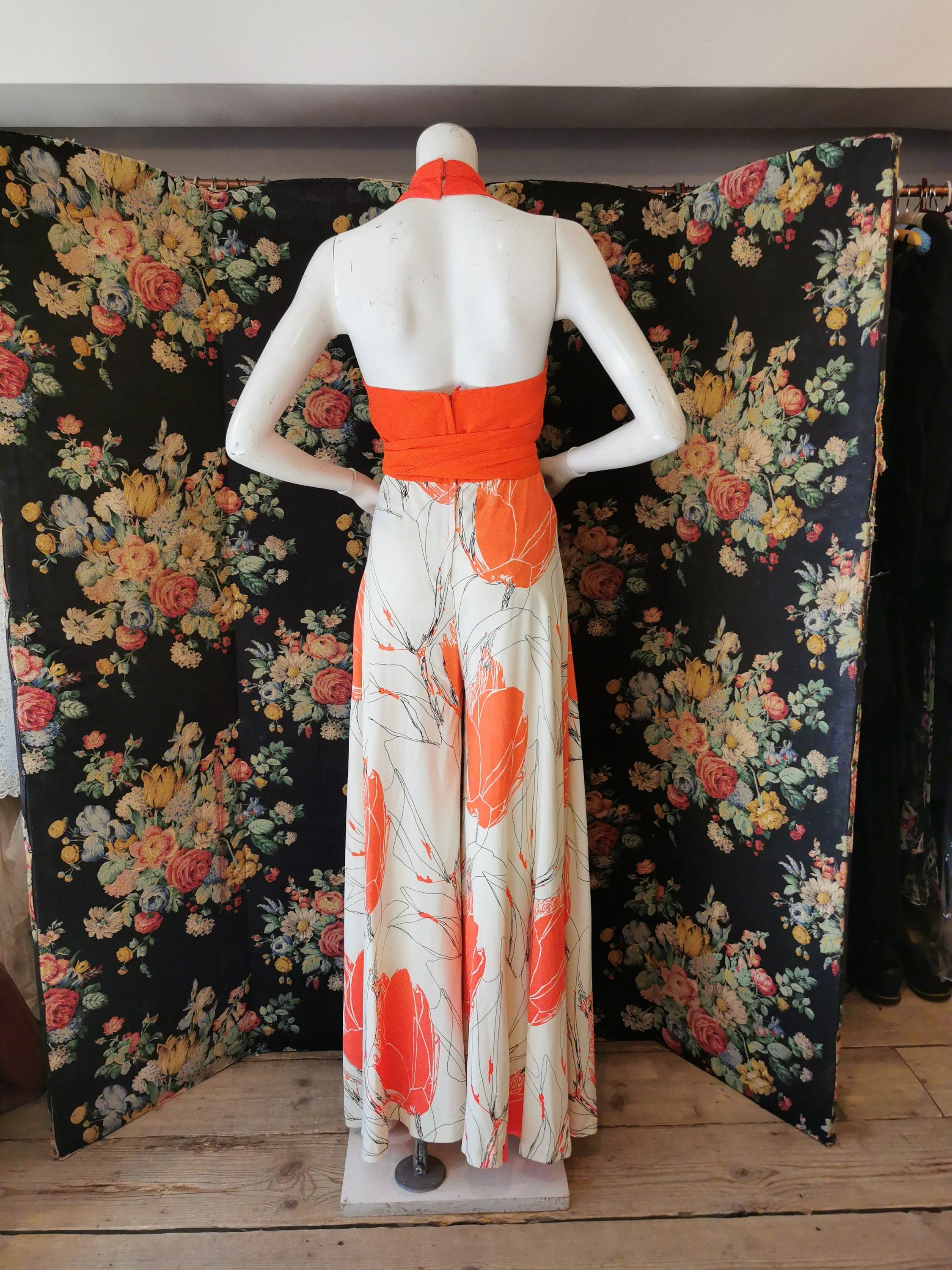 1970's orange floral printed one peice halter jumpsuit