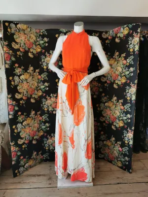 1970's orange floral printed one peice halter jumpsuit