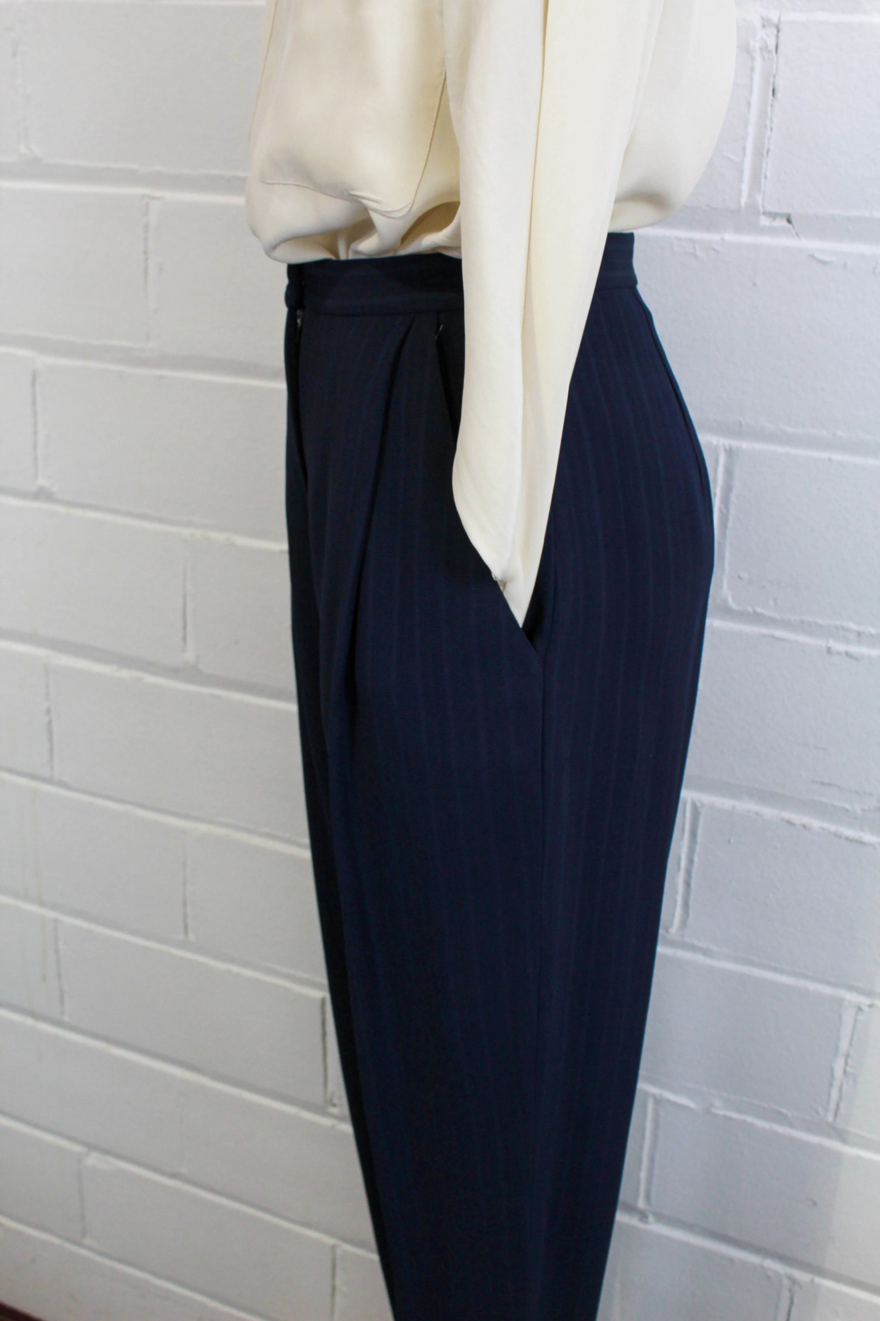 1980s Navy Pinstripe Trousers, Waist 26"