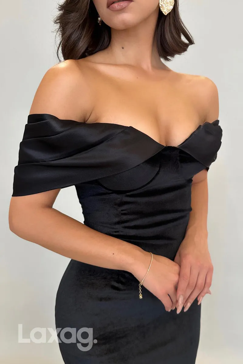 21896 - Off Shoulder Ruched Black Mermaid Elegant Long Formal Prom Dress