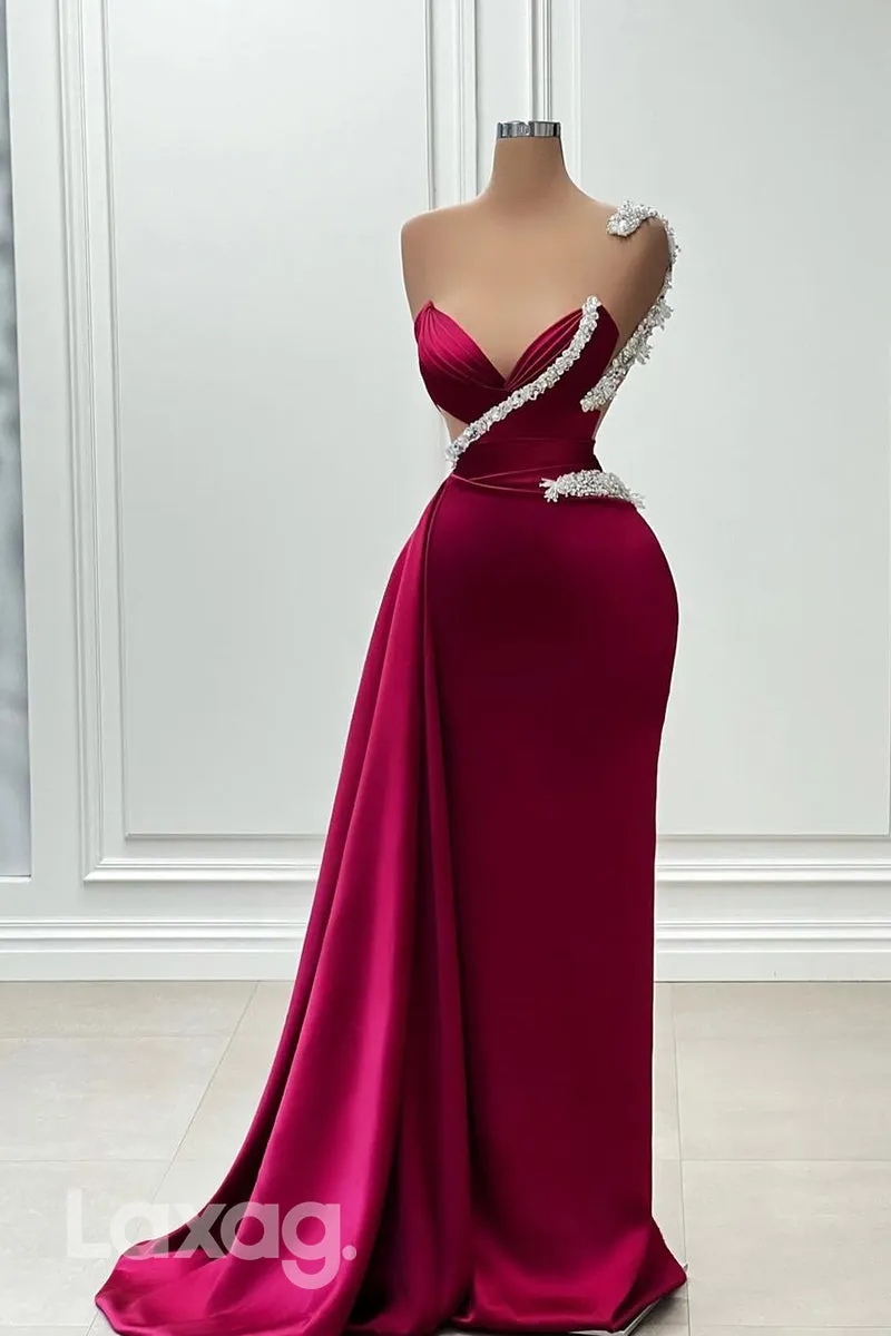 21989 - Illusion Neckline Beads Satin Ruched Mermaid Long Prom Formal Dress