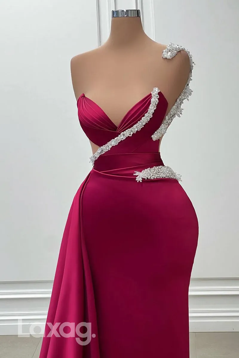 21989 - Illusion Neckline Beads Satin Ruched Mermaid Long Prom Formal Dress