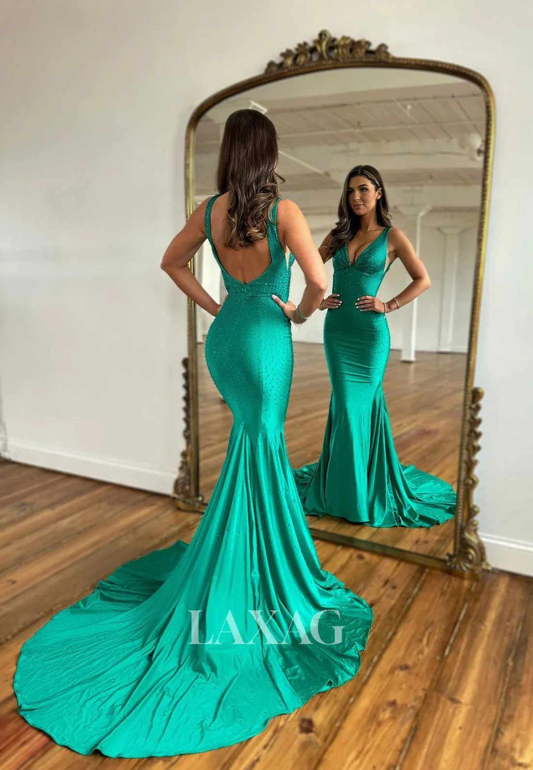 22319 - V-Neck Beaded Sleek Satin Mermaid Party Prom Formal Evening Dress