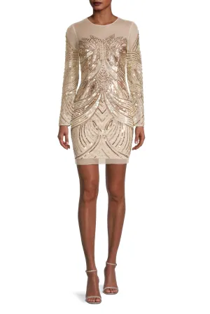 Aidan Mattox Illusion Crew Neck Long Sleeve Bodycon Zipper Back Embellished Mesh Dress