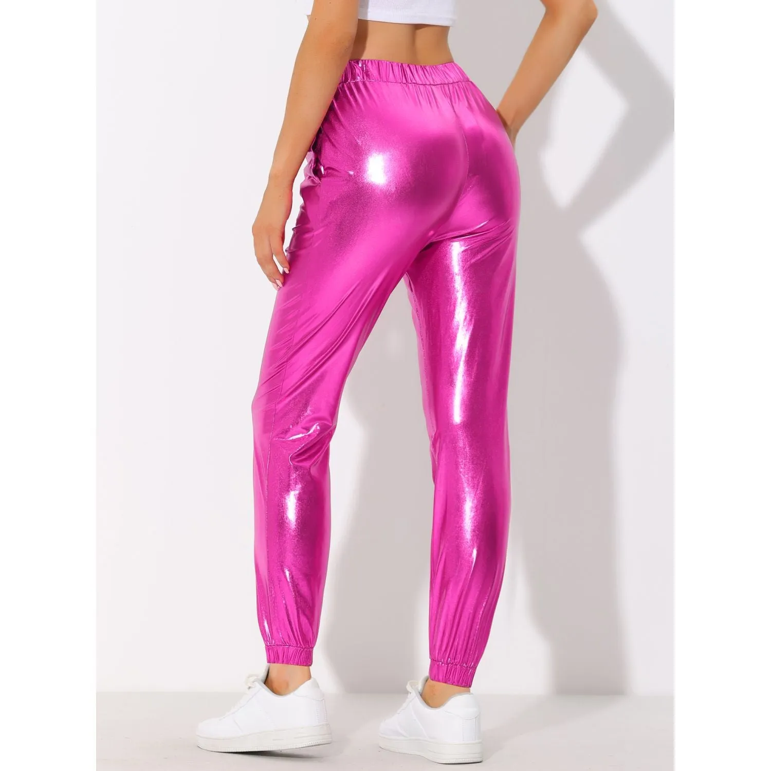 ALLEGRA K Women's Shiny Metallic High Waist Party Jogger Pants gold