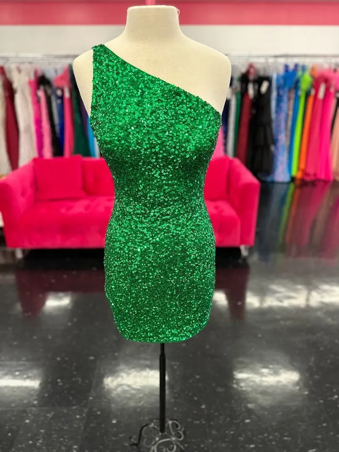 Amarra 87439 Size 8 Emerald Short Fitted Sequin One Shoulder Homecoming Cocktail Dress Formal Gown