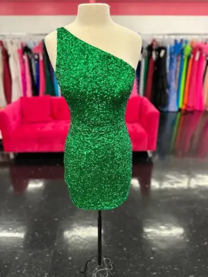 Amarra 87439 Size 8 Emerald Short Fitted Sequin One Shoulder Homecoming Cocktail Dress Formal Gown