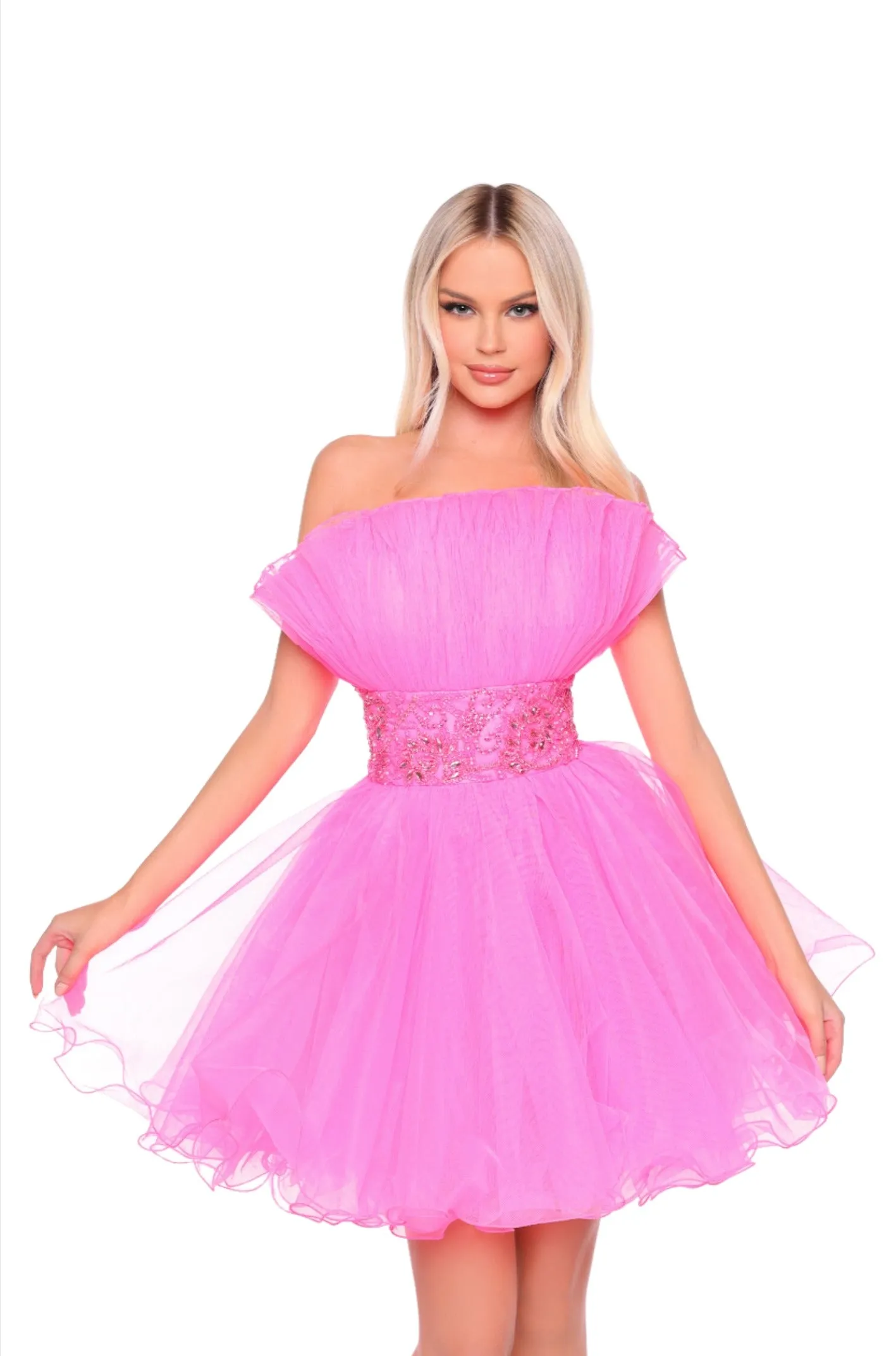 Amarra 88038 Short Tulle A Line Homecoming Dress Strapless Pleated Cocktail Gown Formal