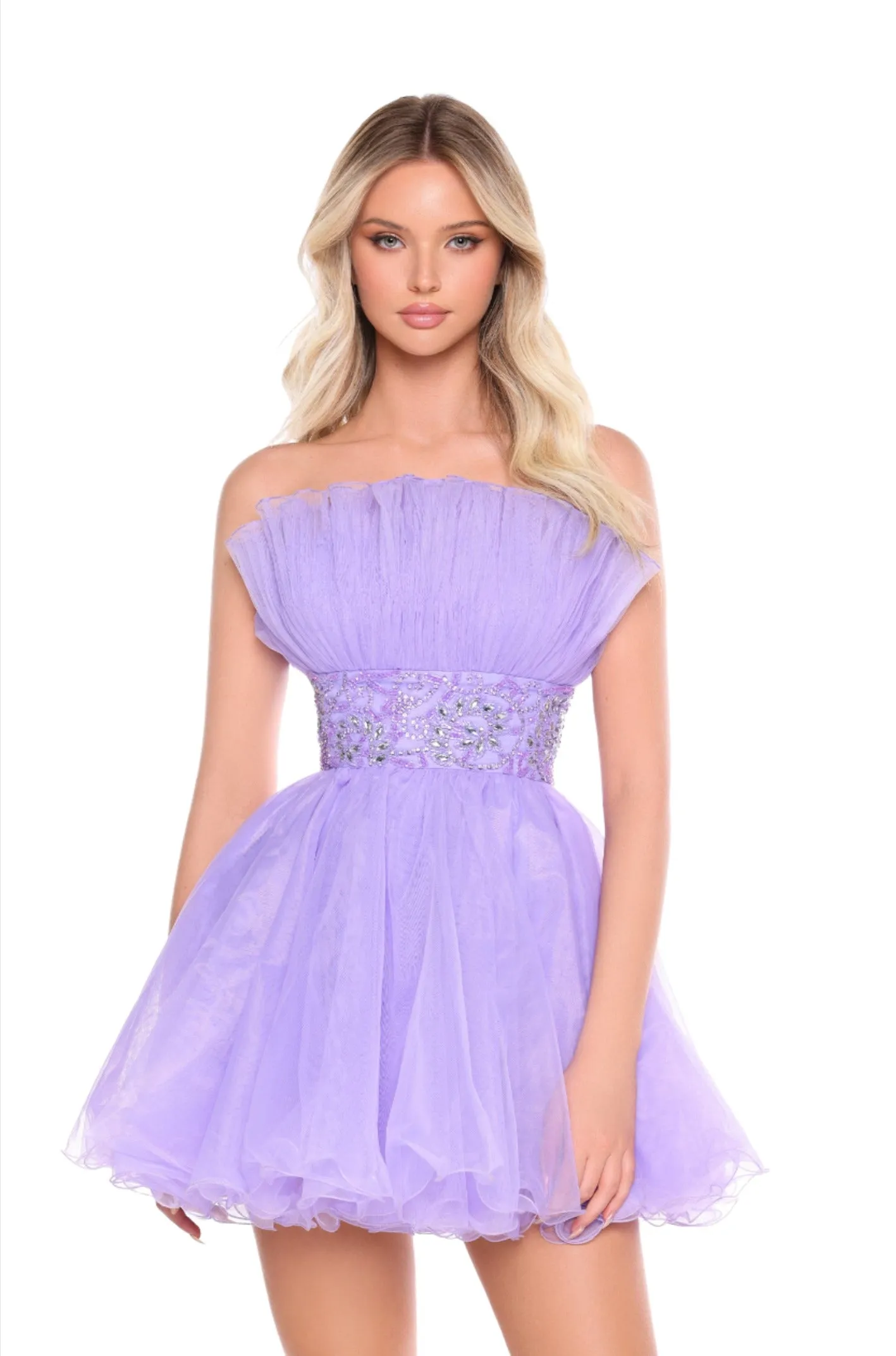 Amarra 88038 Short Tulle A Line Homecoming Dress Strapless Pleated Cocktail Gown Formal