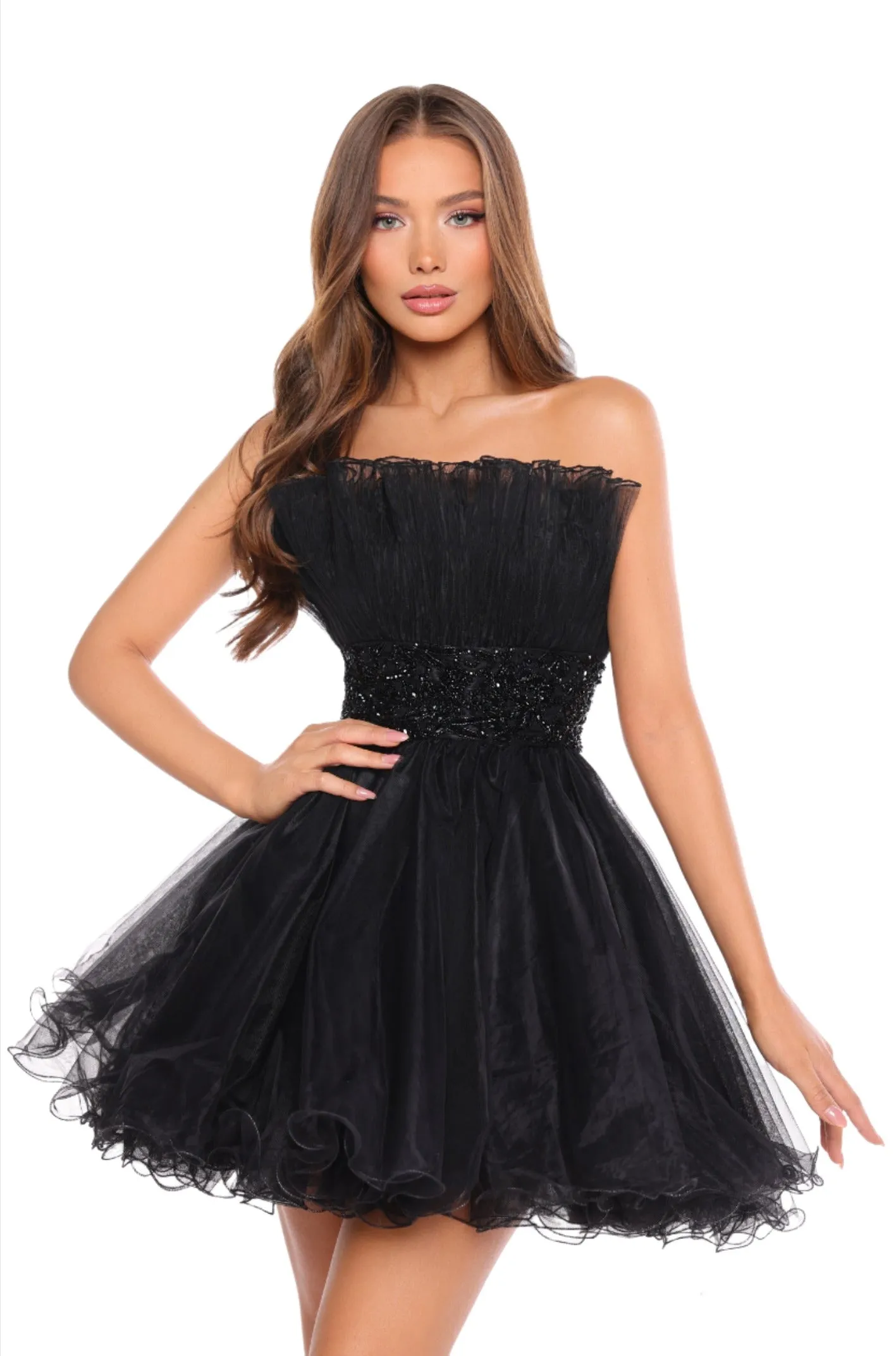 Amarra 88038 Short Tulle A Line Homecoming Dress Strapless Pleated Cocktail Gown Formal