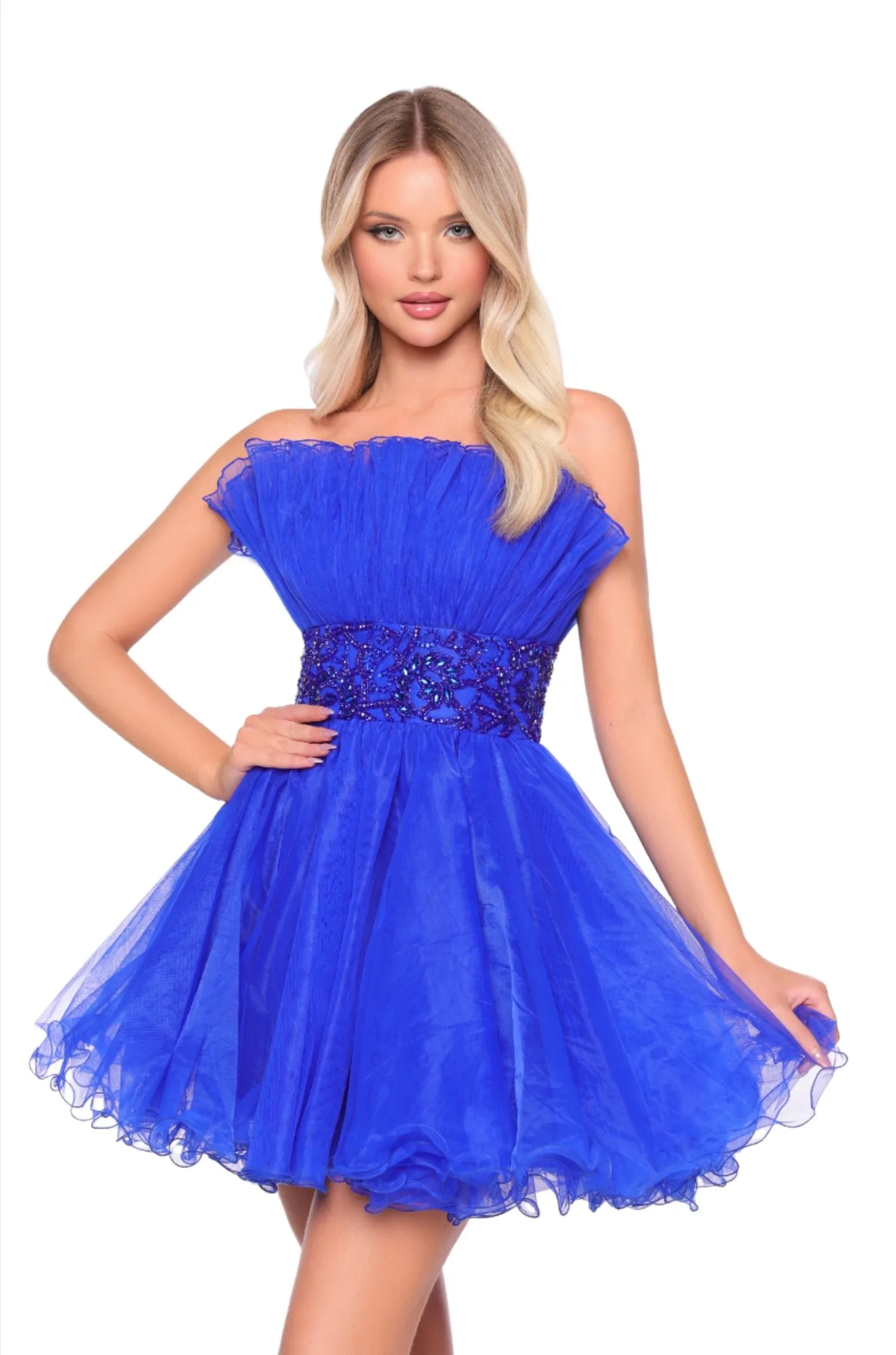 Amarra 88038 Short Tulle A Line Homecoming Dress Strapless Pleated Cocktail Gown Formal