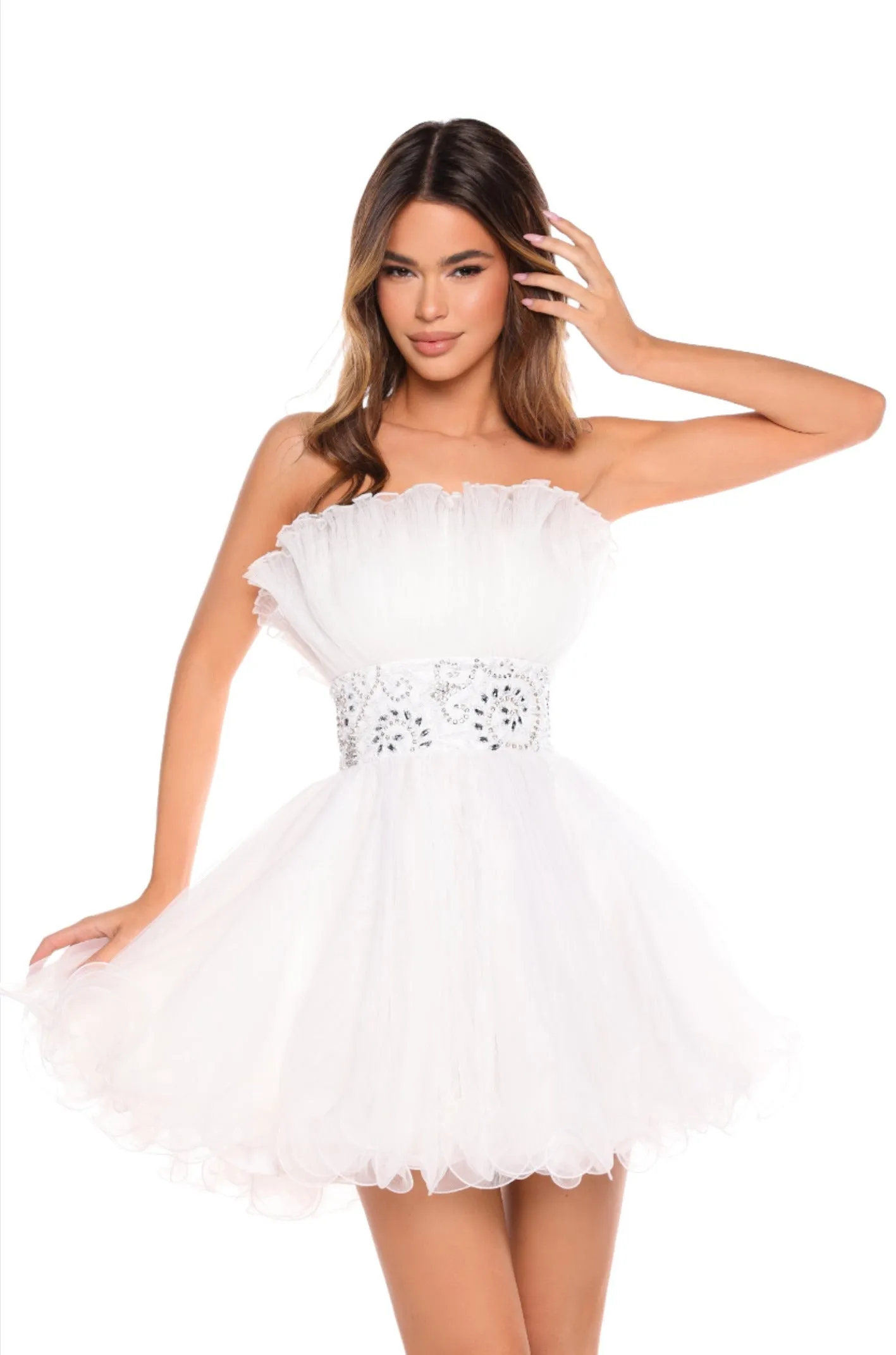 Amarra 88038 Short Tulle A Line Homecoming Dress Strapless Pleated Cocktail Gown Formal