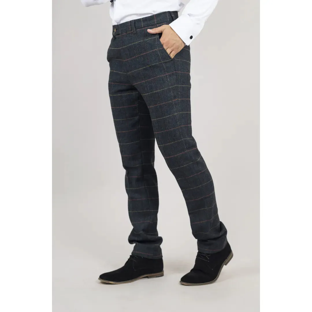 Archer - Men's Navy Checked Herringbone Tweed Trousers