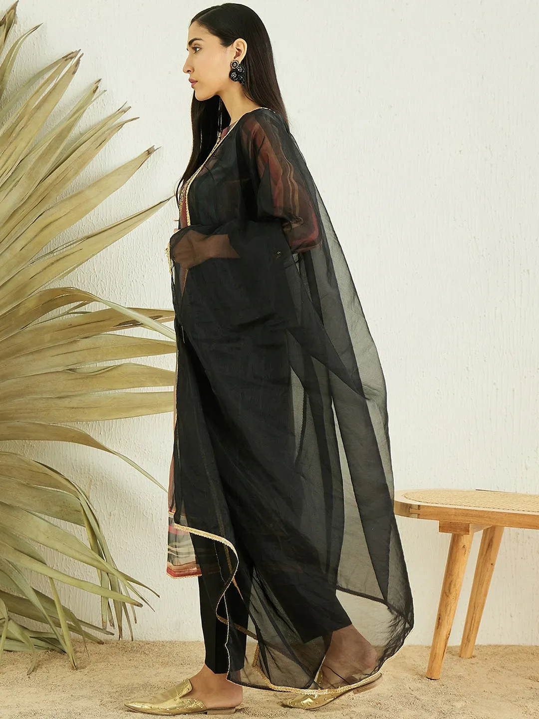 Black Striped Regular Kurta with Trousers & With Dupatta