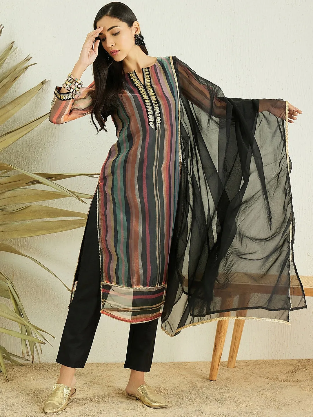 Black Striped Regular Kurta with Trousers & With Dupatta