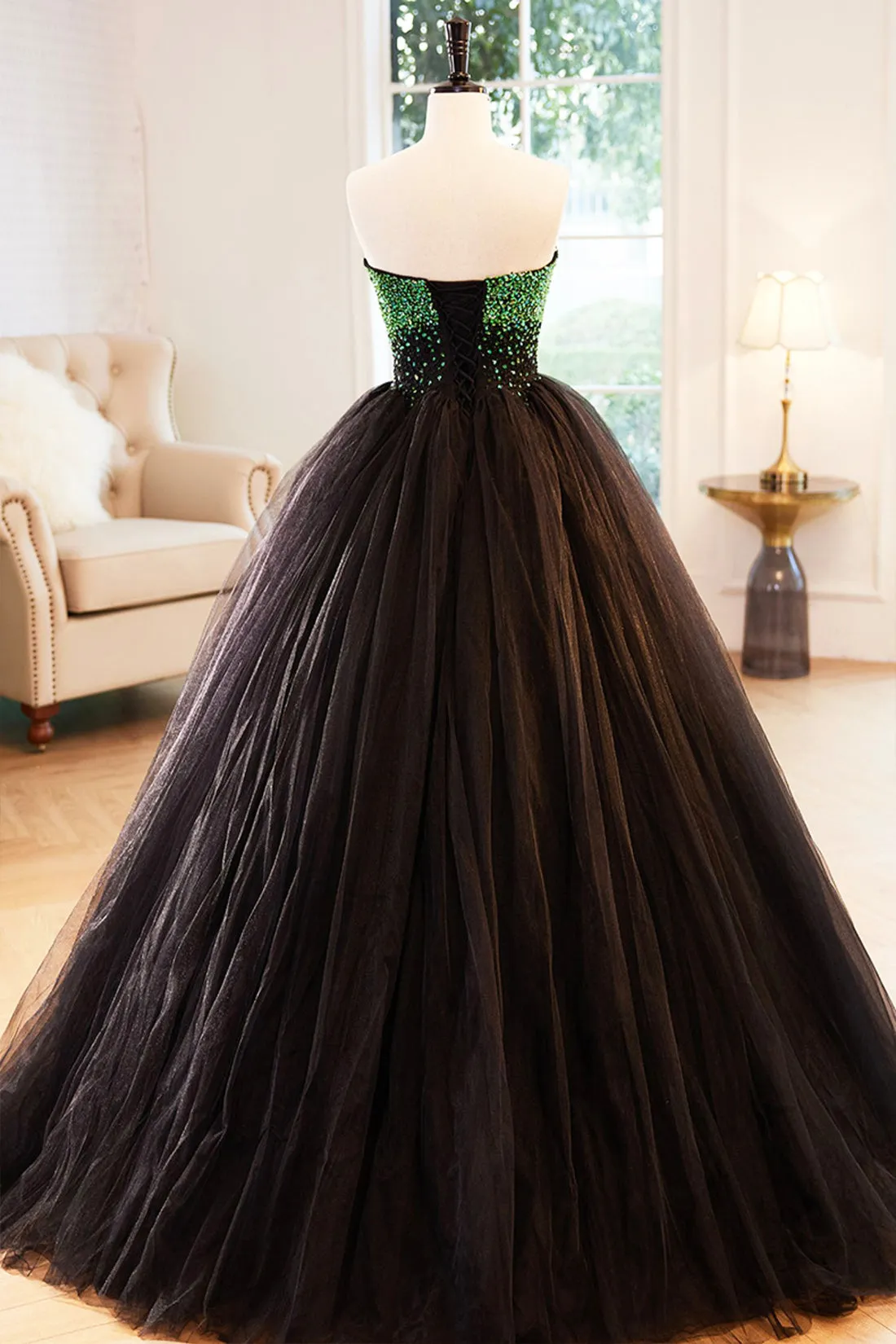 Black Tulle Long Formal Dress with Green Beaded, Black Strapless Prom Dress