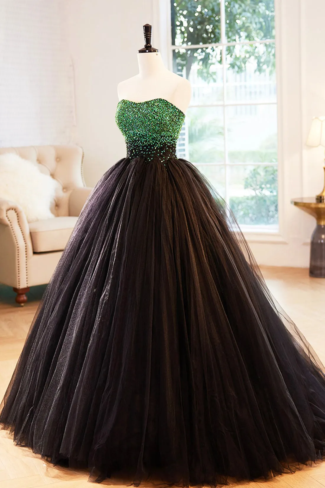 Black Tulle Long Formal Dress with Green Beaded, Black Strapless Prom Dress