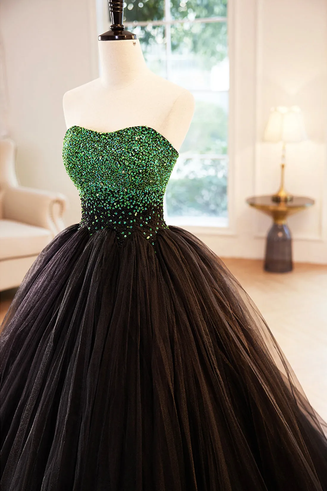 Black Tulle Long Formal Dress with Green Beaded, Black Strapless Prom Dress