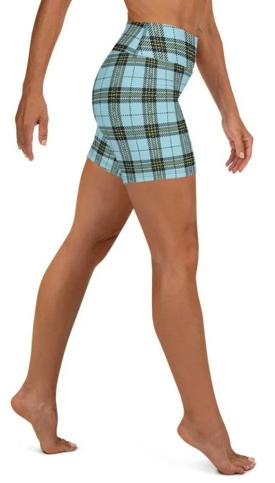 Blue Plaid Print Yoga Shorts