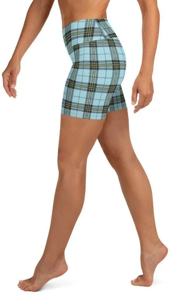 Blue Plaid Print Yoga Shorts