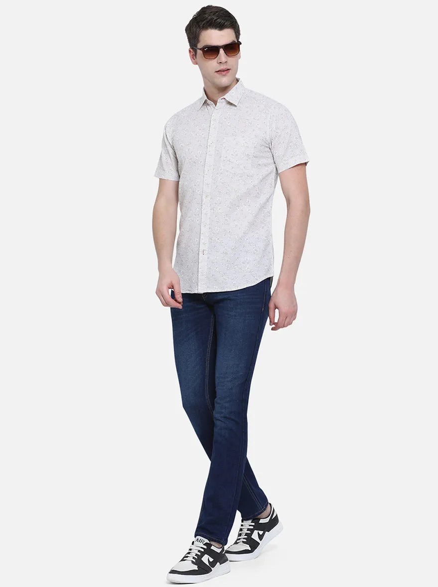 Bone White Printed Slim Fit Semi Casual Shirt | JadeBlue