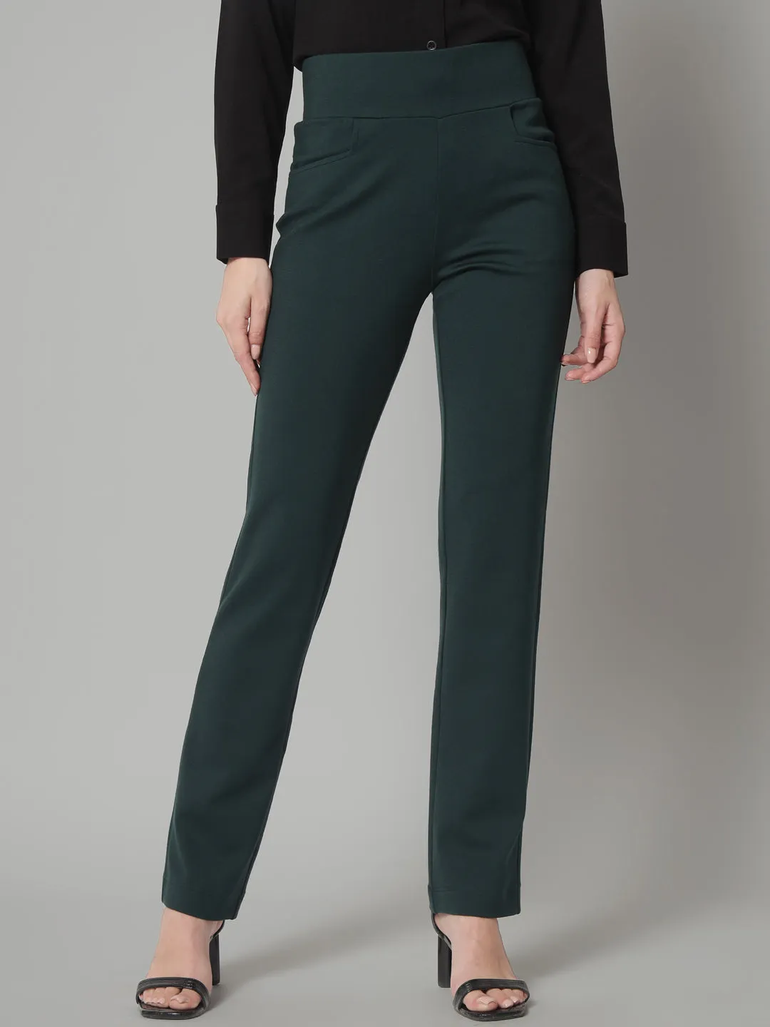 Bottle Green Wide Belt Stretch Pants