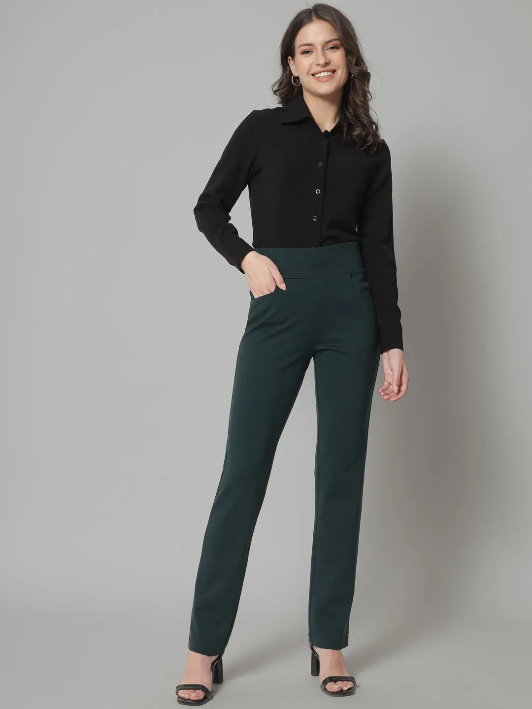 Bottle Green Wide Belt Stretch Pants