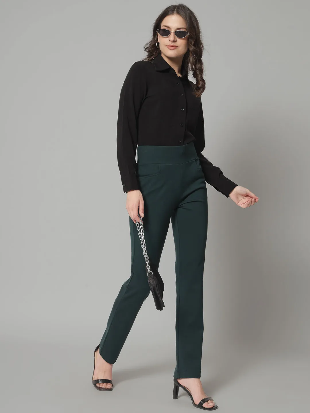 Bottle Green Wide Belt Stretch Pants