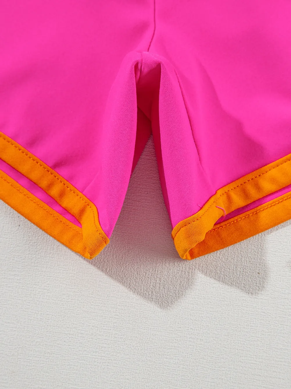 Bright Pink Shorts Set with Orange and Teal Trim