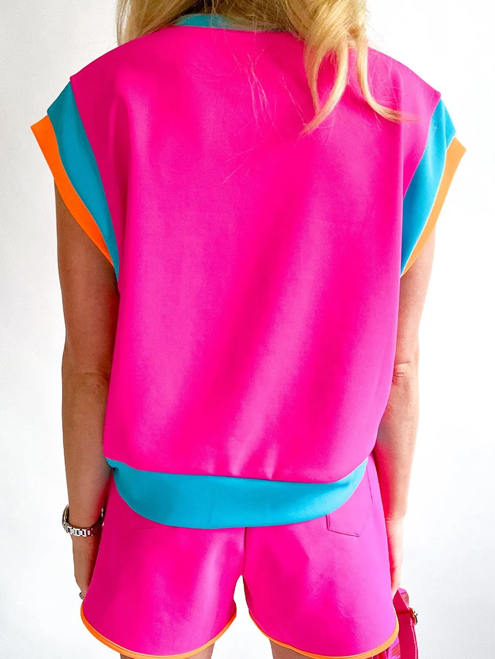 Bright Pink Shorts Set with Orange and Teal Trim