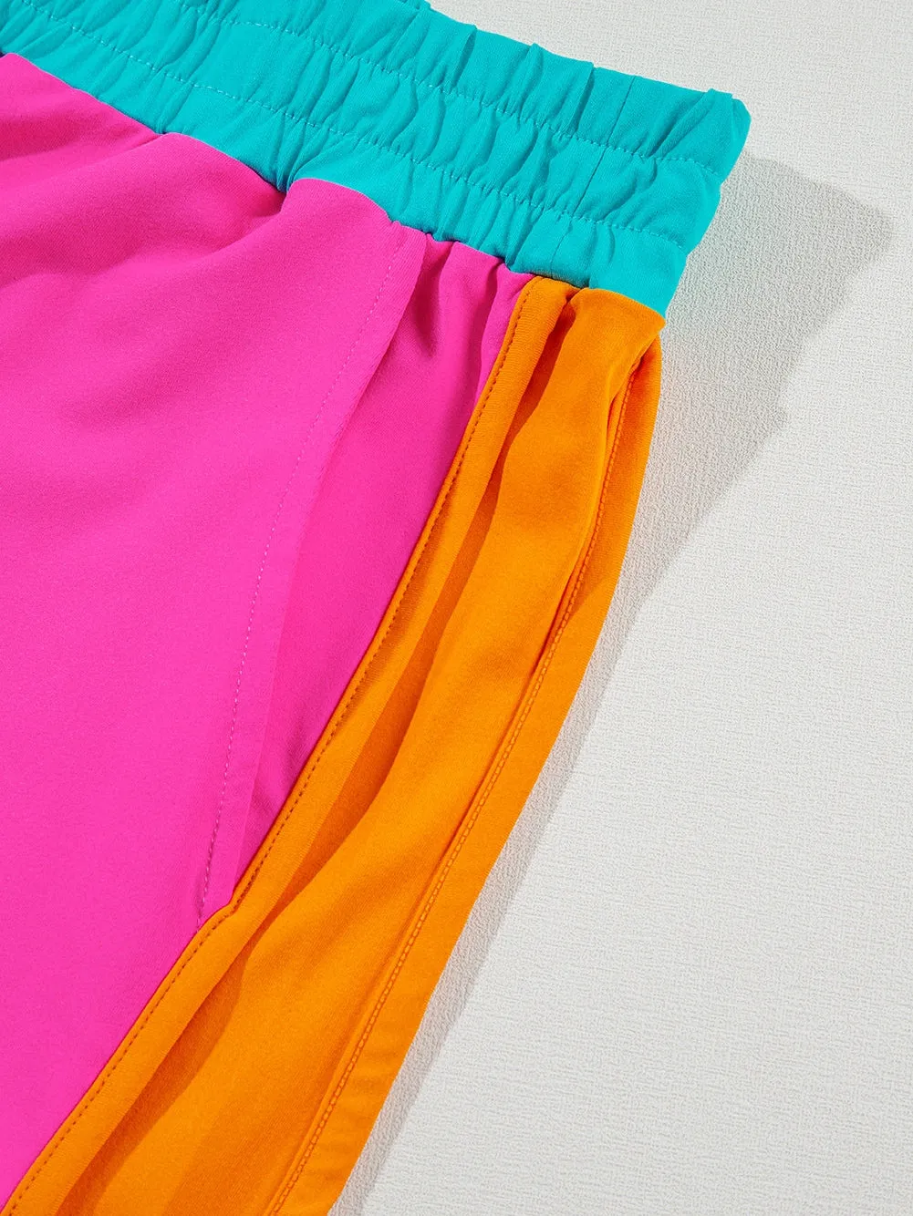 Bright Pink Shorts Set with Orange and Teal Trim