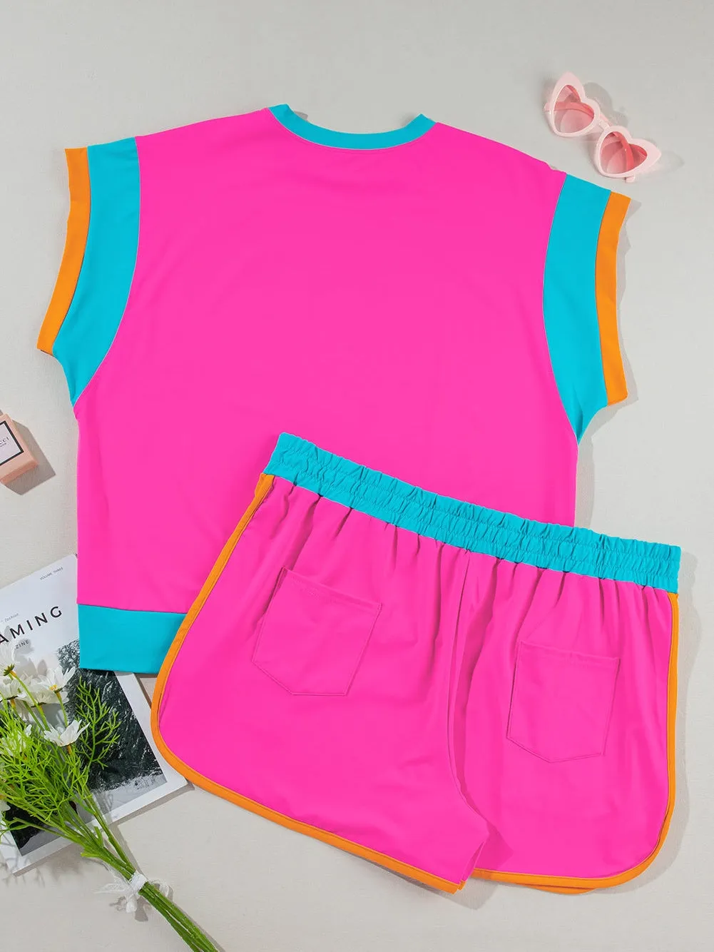 Bright Pink Shorts Set with Orange and Teal Trim