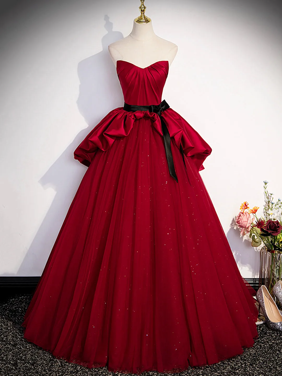 Burgundy Sweetheart Neck Formal Dress A-Line Tulle Floor Length Prom Dress