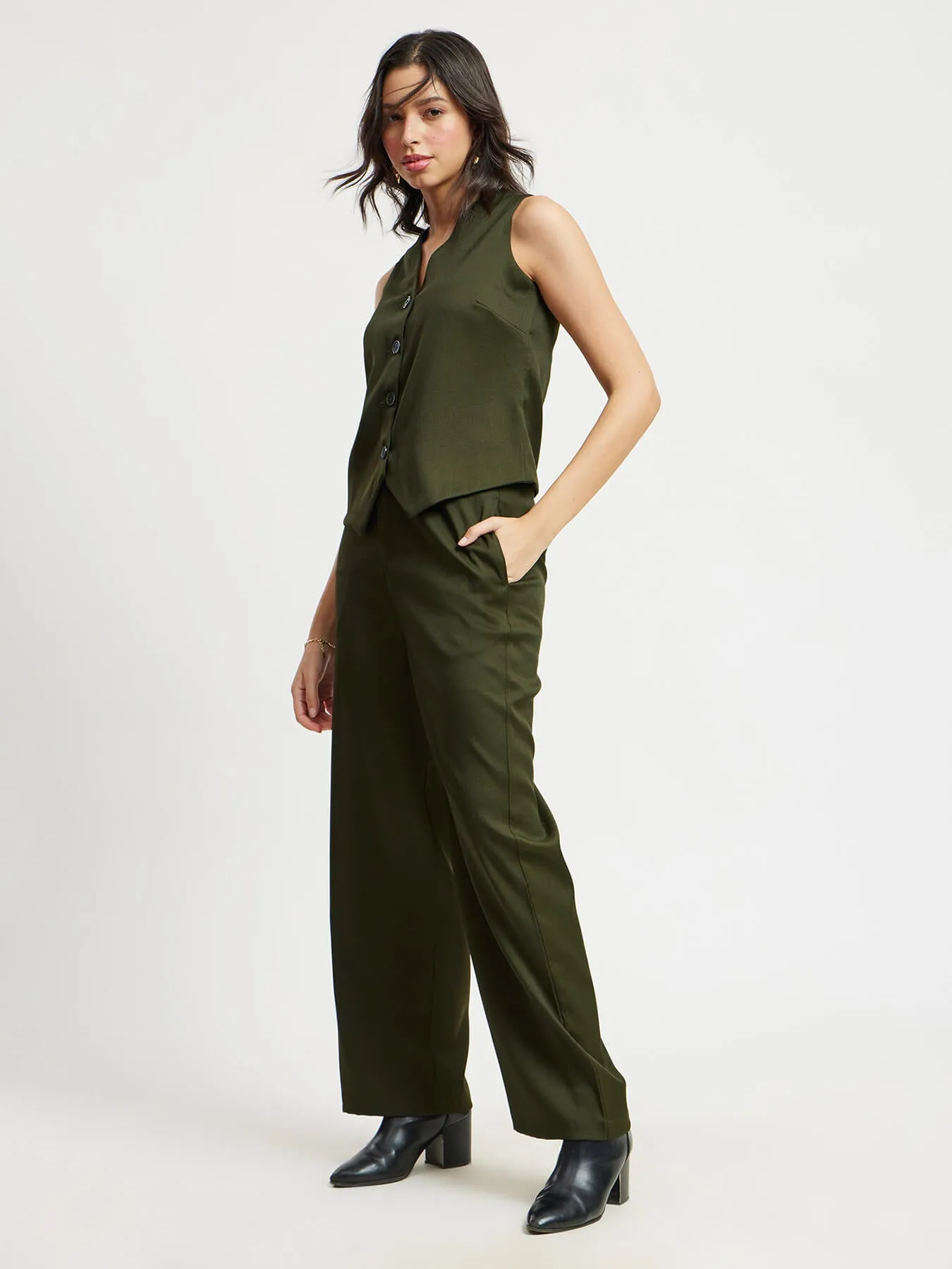 Button Down Vest And Trousers Co-ord Set - Olive