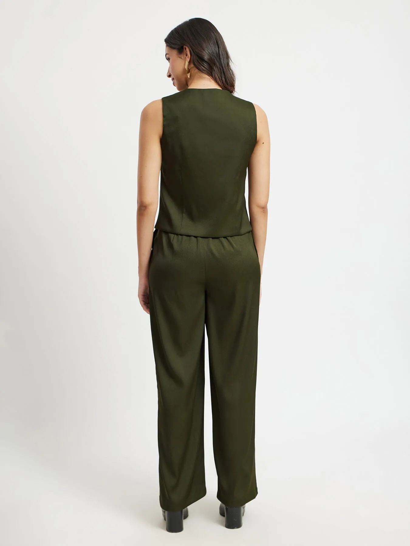 Button Down Vest And Trousers Co-ord Set - Olive