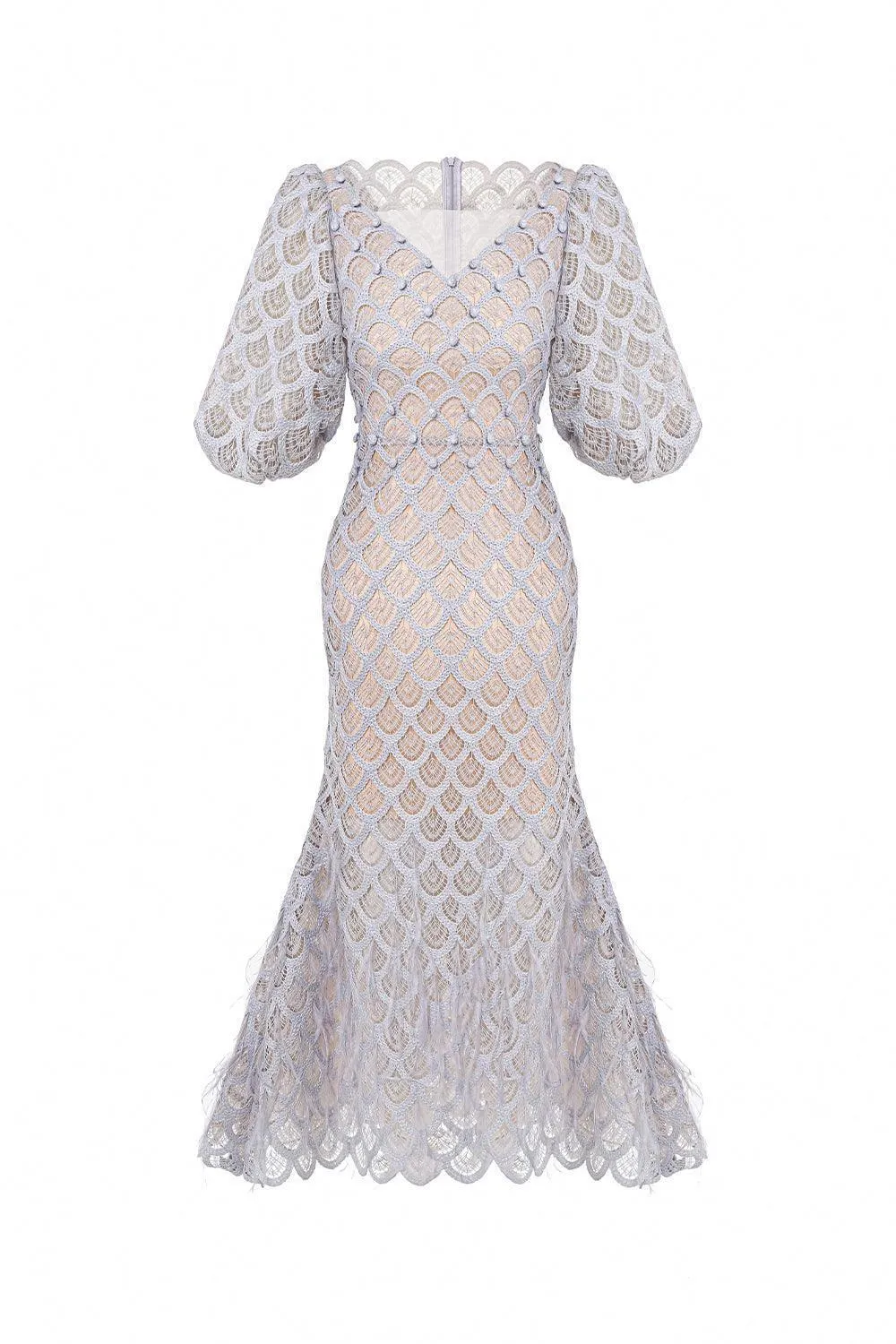 Ciara Trumpet Bishop Sleeved Lace Midi Dress