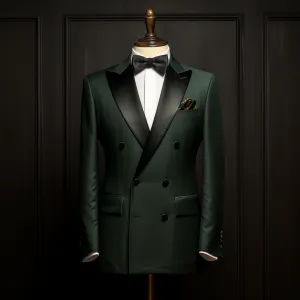 Dark Green Double Breasted Tuxedo Suit for Men with Black Satin Lapels - Perfect for Weddings and Business