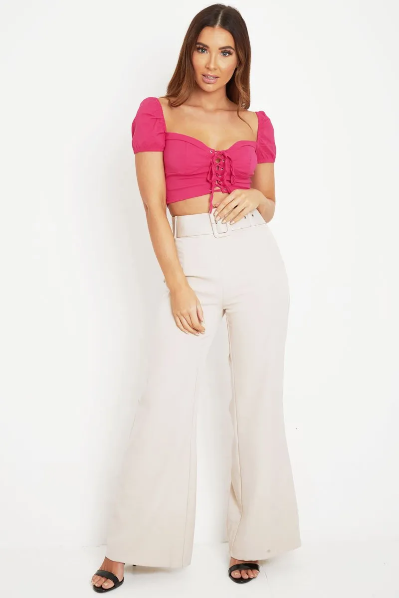 Fuchsia Puff Sleeve Lace Up Front Crop Top - Kandis