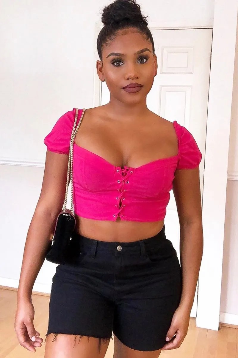 Fuchsia Puff Sleeve Lace Up Front Crop Top - Kandis