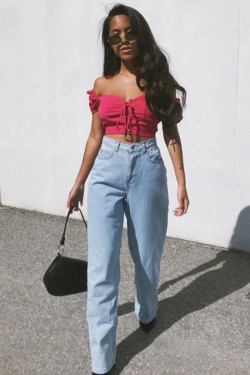 Fuchsia Puff Sleeve Lace Up Front Crop Top - Kandis