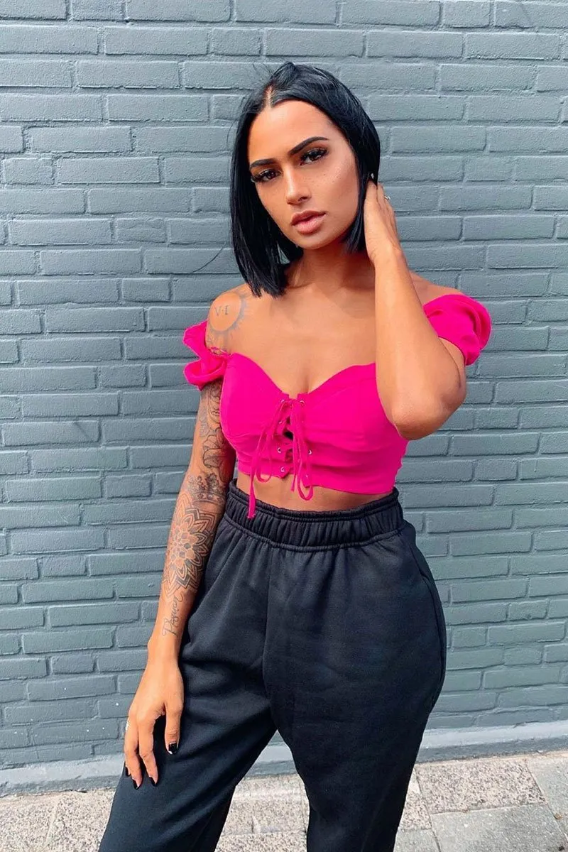 Fuchsia Puff Sleeve Lace Up Front Crop Top - Kandis