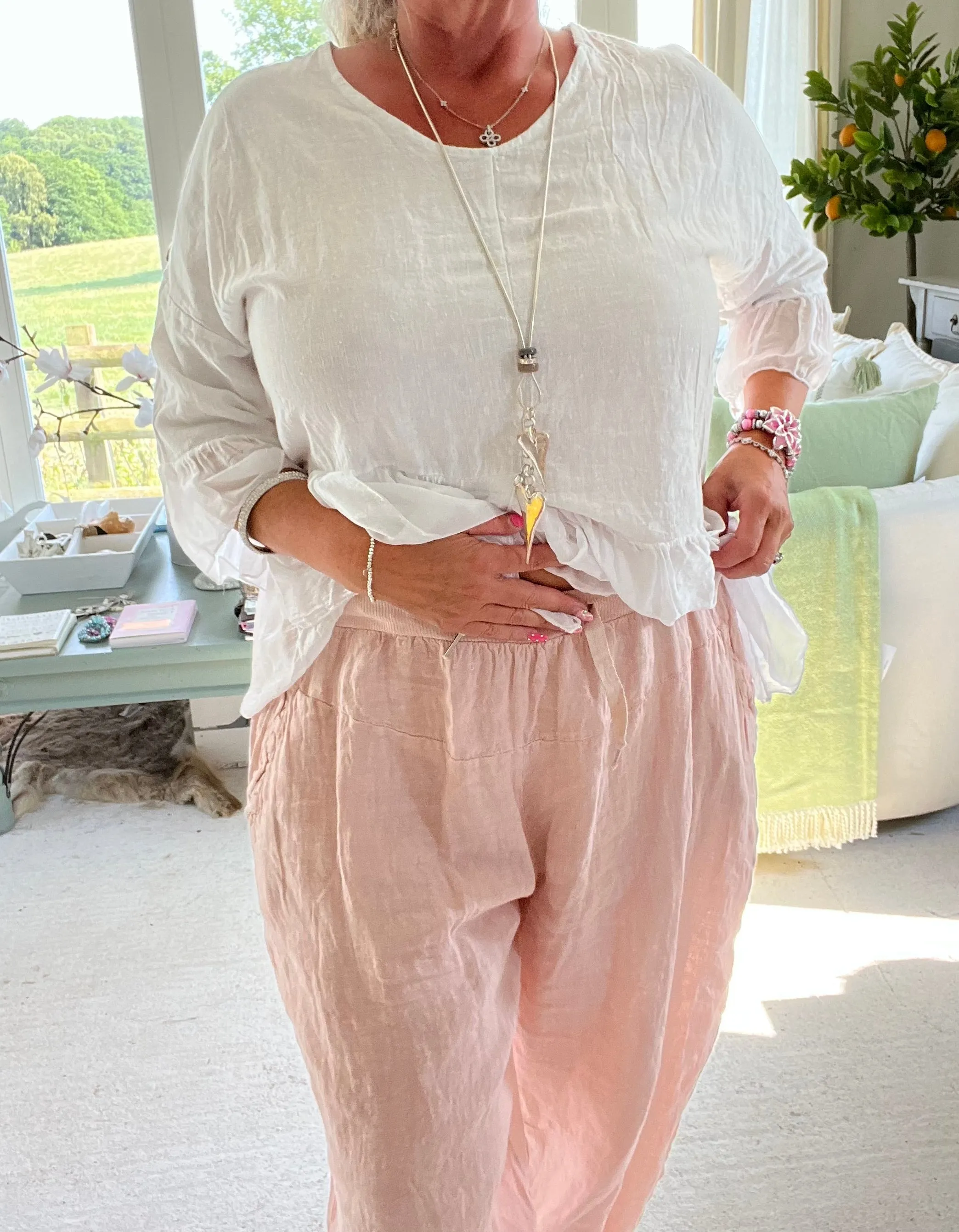 Garment Dyed Linen Balloon Trousers In Pink