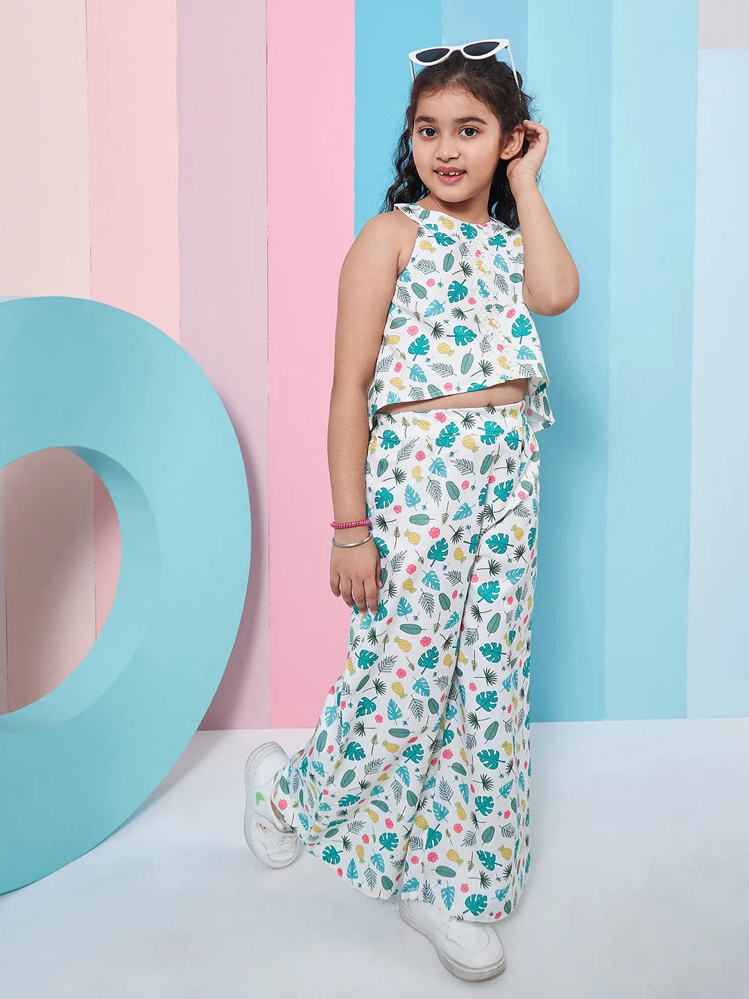 Girls Floral Printed Crop Top With Trousers - PS Peaches