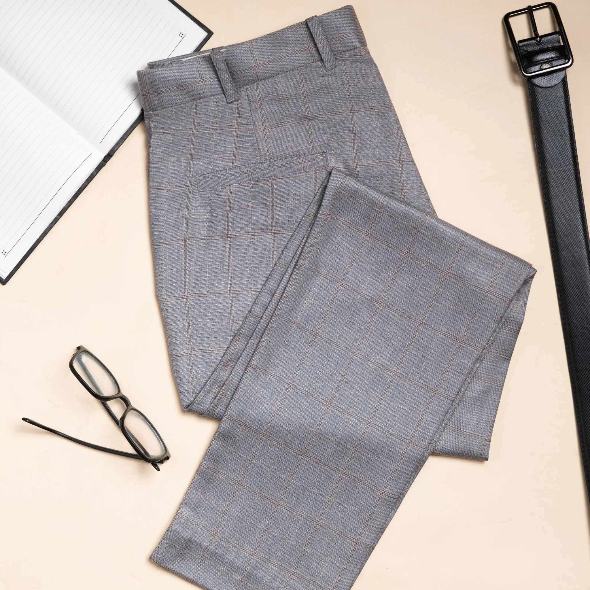 Grey color check blend cotton trousers pant for men