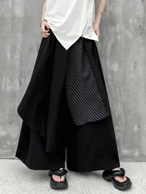 High Elastic Waist Black Striped Irregular Wide Leg Pants