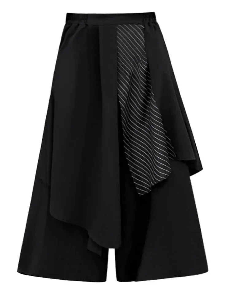 High Elastic Waist Black Striped Irregular Wide Leg Pants