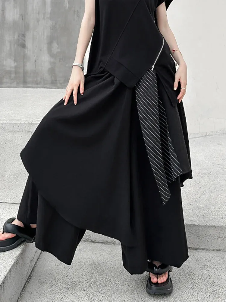 High Elastic Waist Black Striped Irregular Wide Leg Pants