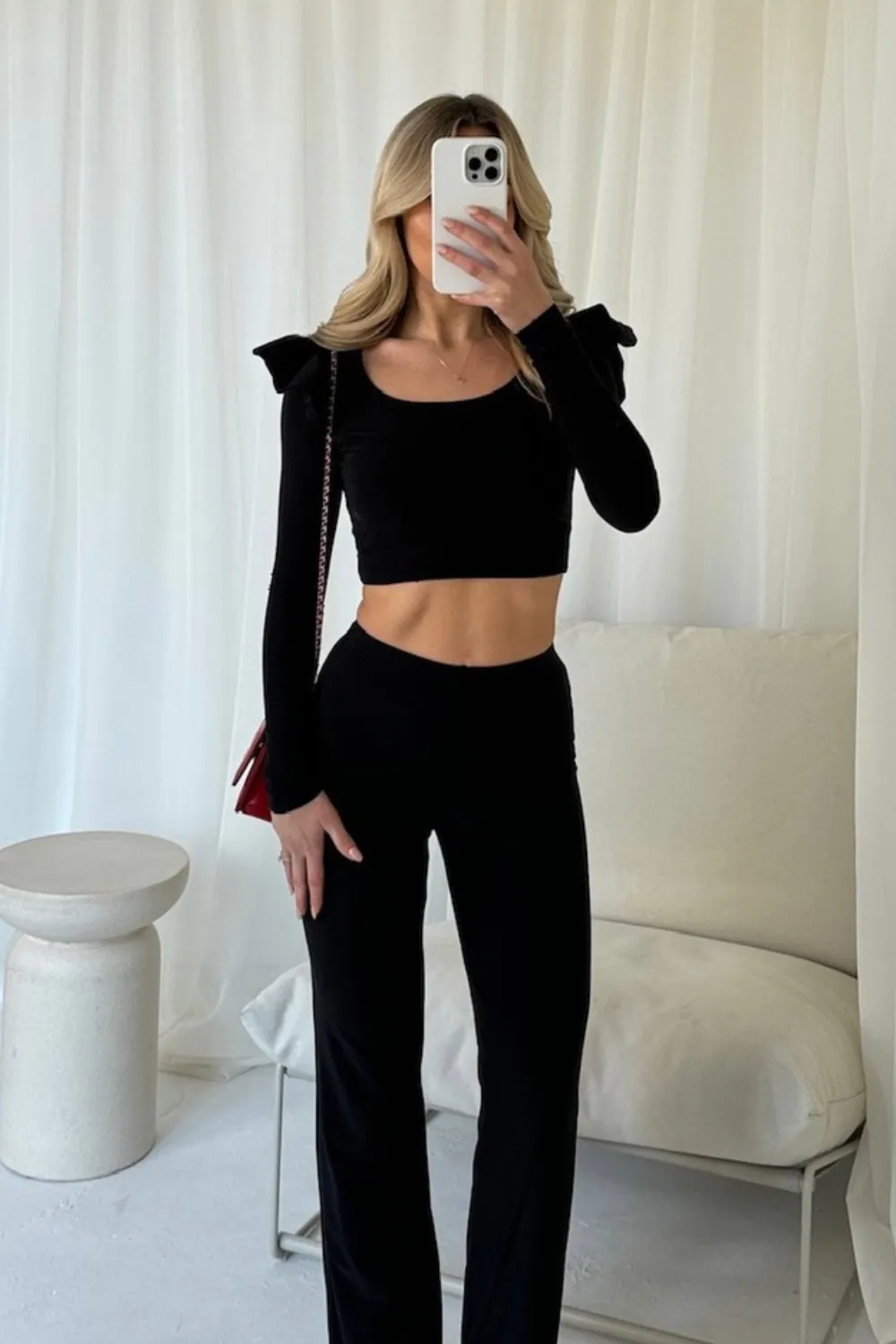 Jayden black frill shoulder top and trouser co-ord